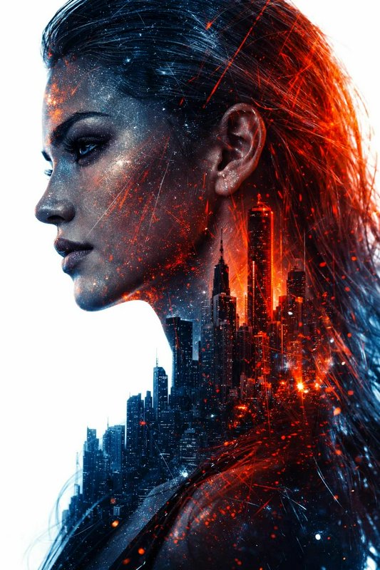 Double exposure side profile portrait of a woman merged with a glowing nighttime city skyline, in fiery orange and cool