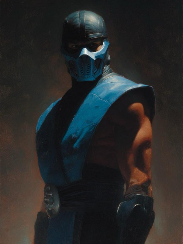 Oil painted portrait of Mortal Kombat's Sub-Zero in his signature blue ninja mask, set against a dark moody smoky background