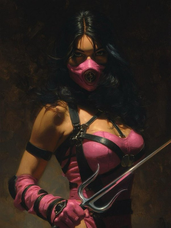 Painting of Mortal Kombat ninja Mileena in pink face mask, holding her sai weapon, gazing intensely against a dark