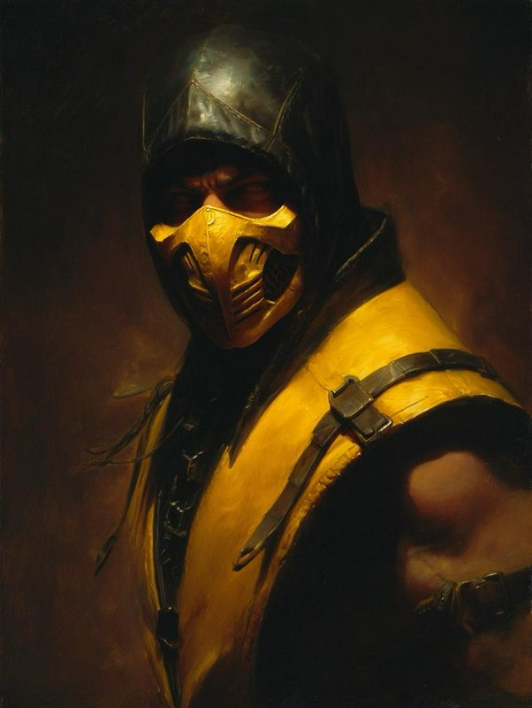 Classical oil portrait of Mortal Kombat's Scorpion, showing his signature golden mask, black hood, and yellow ninja armor