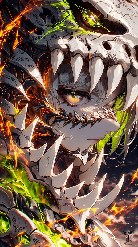 Close-up anime portrait of a girl in spiked rune-carved bone skull armor, framed by glowing green...