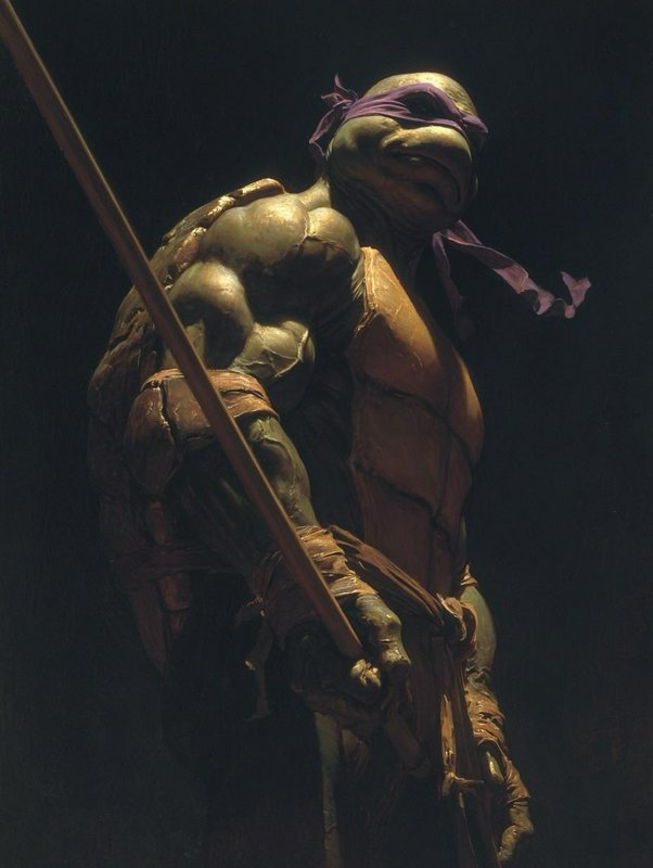 Dramatic painted portrait of Donatello from TMNT holding his bo staff, purple mask, against a dar...