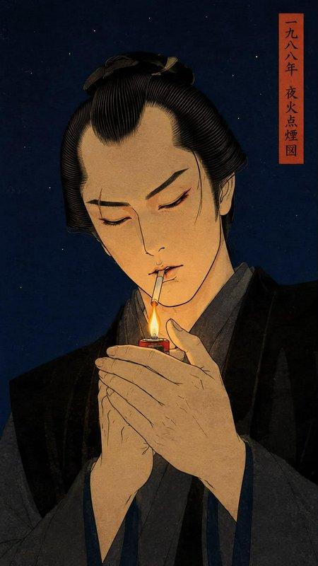 Ukiyo-e style illustration of a scarred Edo period samurai lighting a cigarette with a lighter un...