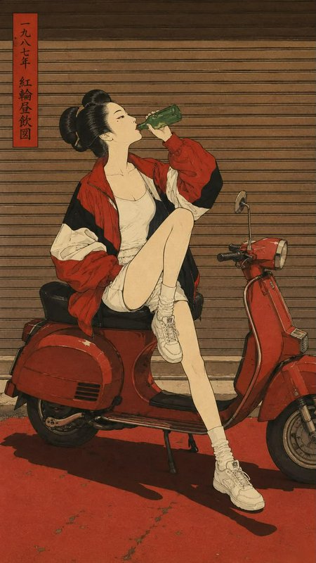 Ukiyo-e style fusion illustration of a geisha-styled woman in streetwear drinking while seated on...