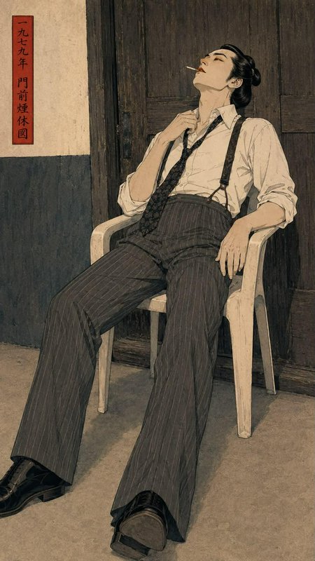 Retro illustrated 1970s man in suspenders lounging in a plastic chair smoking, with vertical Chin...