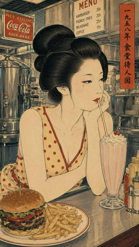 Ukiyo-e style illustration of a geisha-inspired woman sipping a milkshake at a 1950s retro diner ...