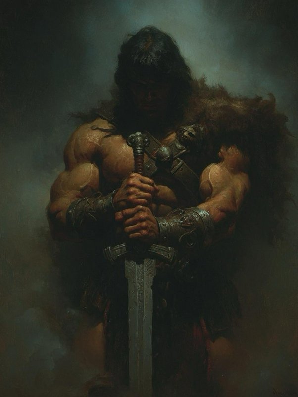 Dark fantasy oil portrait of a muscular barbarian warrior clasping a large broadsword, wearing a ...