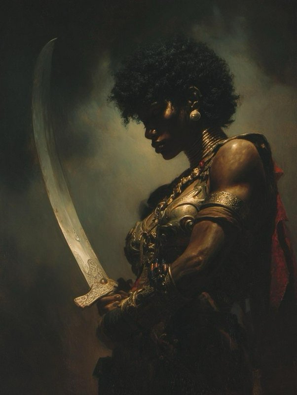 Oil portrait of a powerful Black female warrior holding an ornate curved sword, wearing gilded ar...