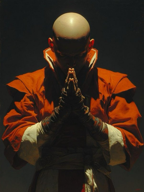 Bald Shaolin monk in bright orange robes bows his head in prayer, clasping bound hands together a...