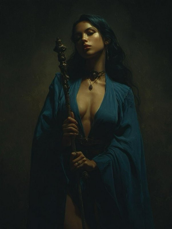 Dark-haired mystical sorceress in flowing blue robe holds an ornate magic staff against a dim moo...