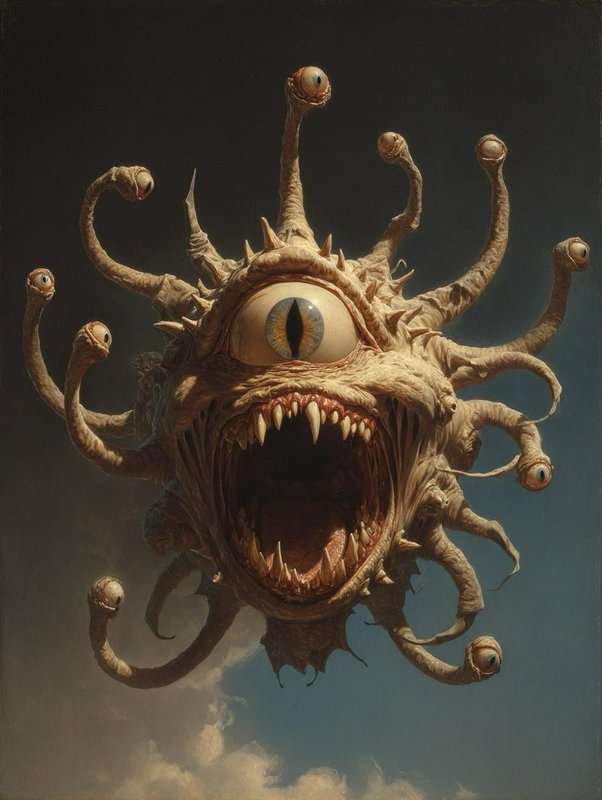 Classical oil painting of a menacing beholder fantasy monster with central eye, eyestalks, and fa...