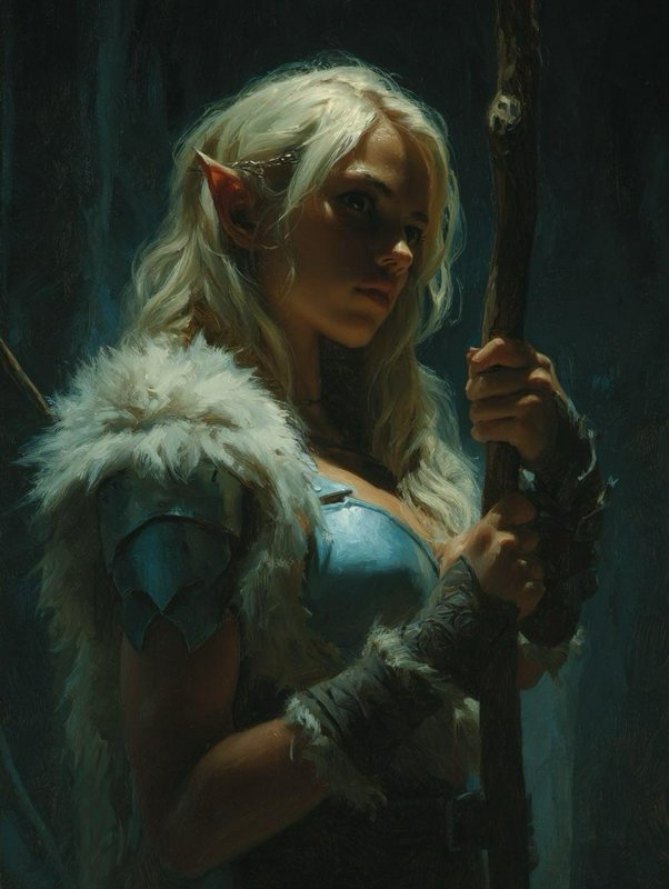 Moody oil portrait of a platinum blonde elf warrior holding a carved wooden staff, wearing fur-tr...