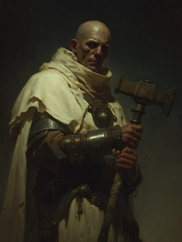 Stern bald fantasy cleric in white robes and steel armor holds an ornate war hammer in dramatic l...