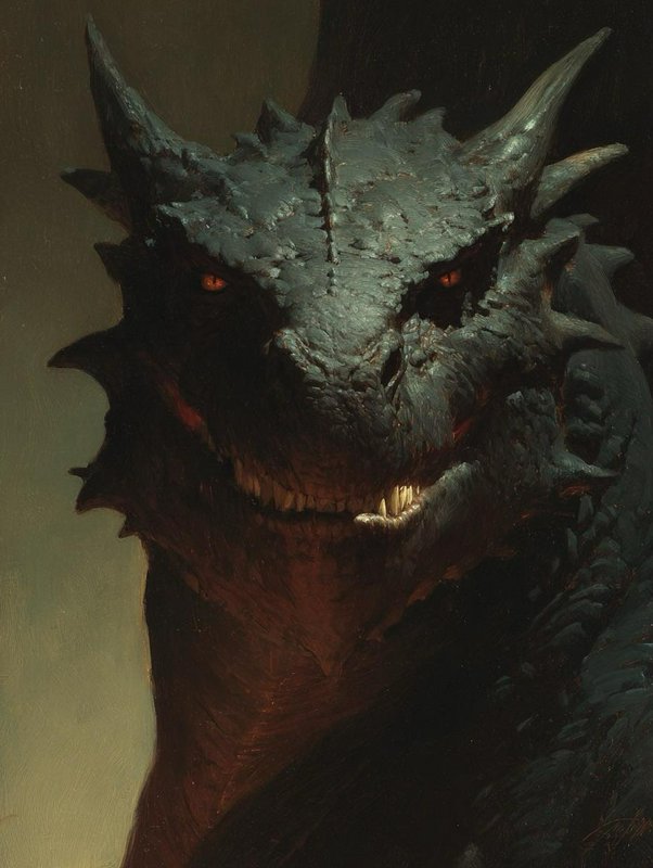 Close-up painted portrait of a menacing dark spiked dragon with glowing orange eyes and bared sha...