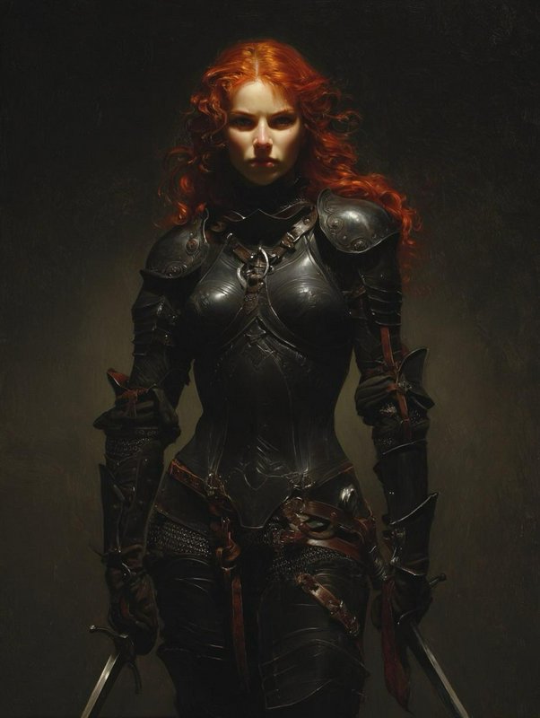 Fierce curly red-haired female knight in black plate armor holds two swords, staring intensely ag...