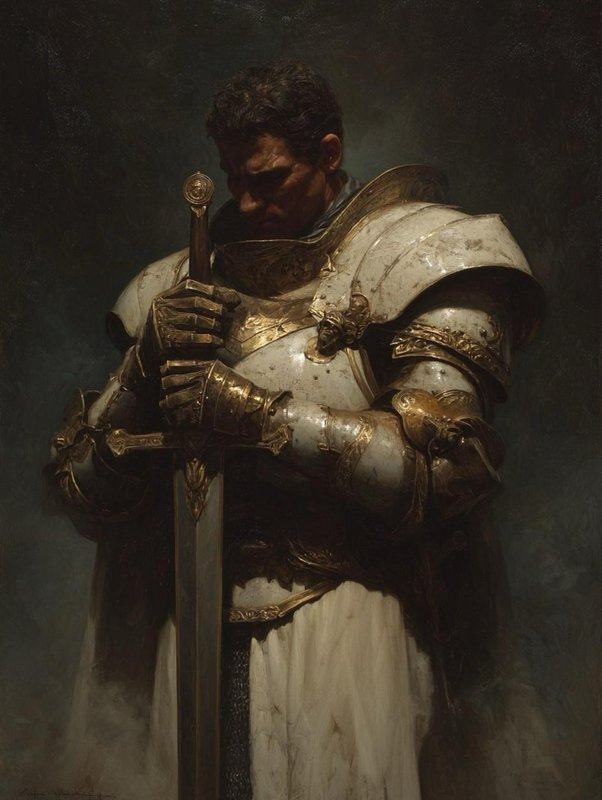 Solemn medieval holy knight in ornate white and gold armor bows his head, gripping his greatsword...