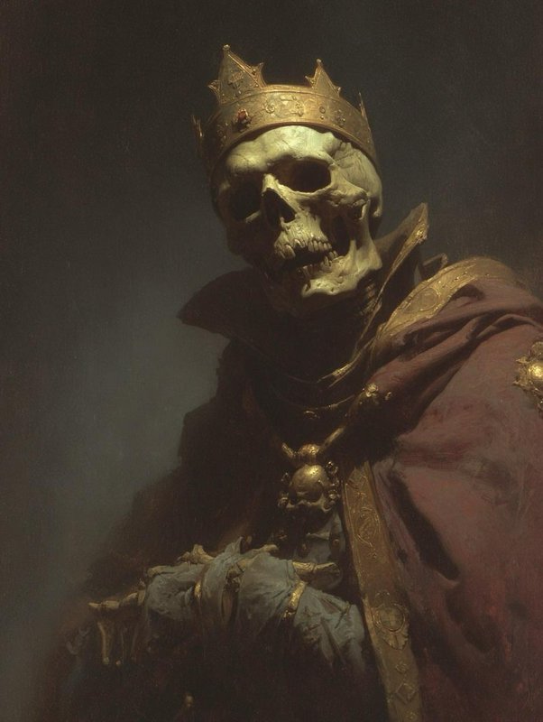 Baroque portrait of a skeletal undead king wearing a gilded crown and royal robes against a dark,...