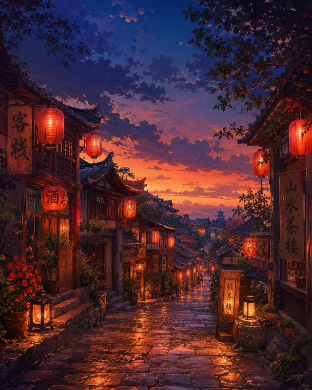Glowing red lanterns line a wet cobblestone traditional East Asian street beneath a vivid orange ...