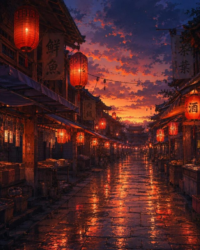 Traditional East Asian market street lined with glowing red lanterns, light reflecting on wet sto...