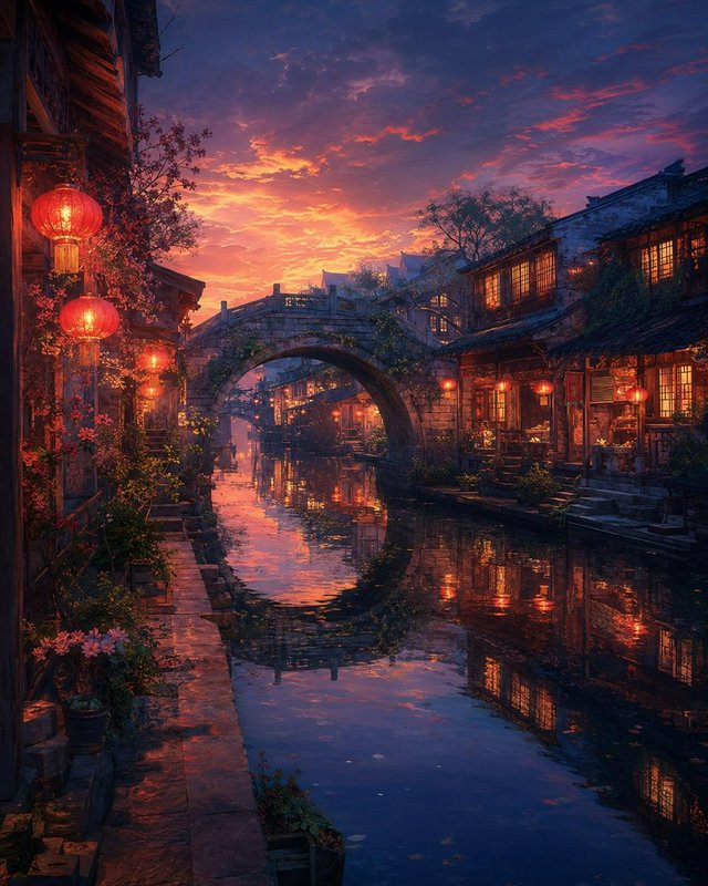 Sunset over historic Jiangnan canal town, lined with glowing red lanterns, stone arch bridge refl...