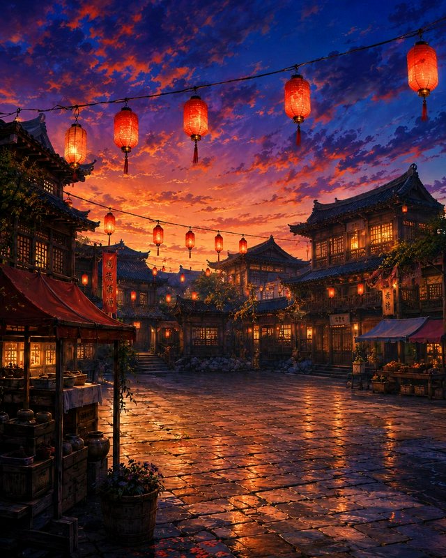 Traditional ancient East Asian town square strung with glowing red lanterns under a vibrant fiery...