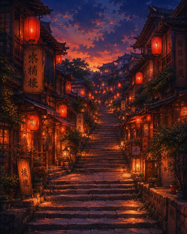 Glowing red lanterns line a stone staircase running through a traditional East Asian village at v...