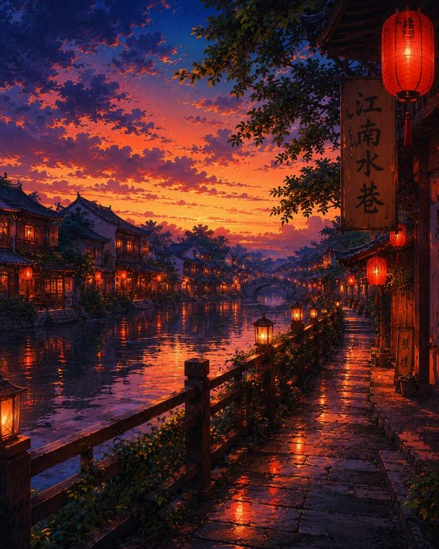 Vibrant sunset over a traditional Jiangnan canal town, glowing red lanterns line a wet stone wate...