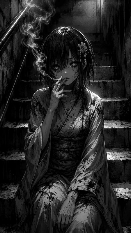 Gloomy monochrome anime girl in stained traditional kimono smoking while seated on a dilapidated ...
