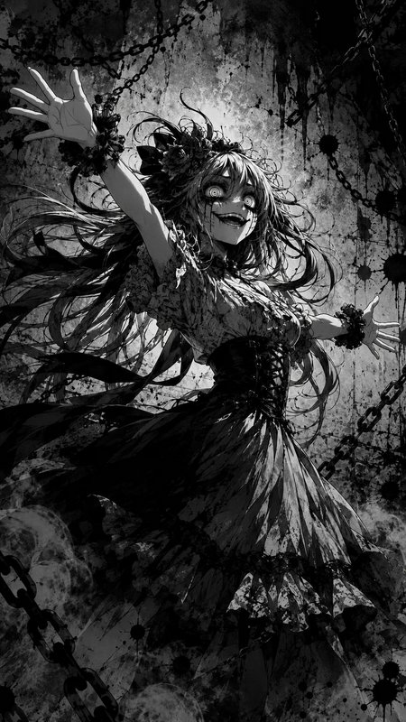 Monochrome horror anime girl with a crazed wide grin, outstretched arms, surrounded by hanging ch...