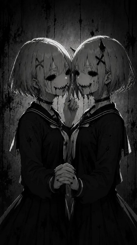 Monochrome horror anime twin girls with jagged grins hold hands, shushing against a stained dark ...