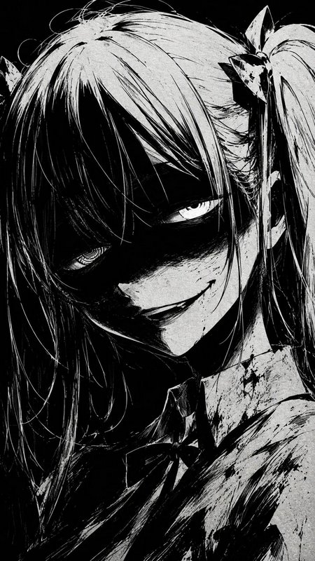 High contrast black and white manga art of an unsettling grinning evil anime girl with shadowed eyes and twin tails.