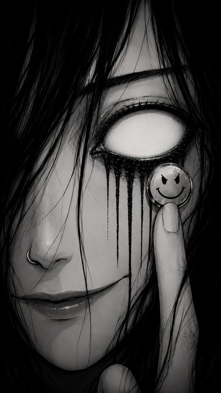 Close up monochrome horror anime girl, dripping black eye makeup holding a devilish smiley pin