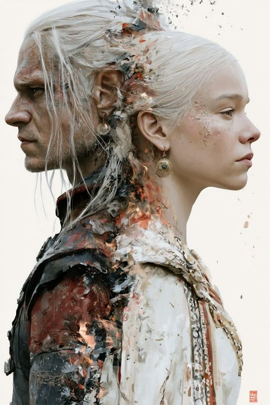 Blended double exposure fantasy portrait of Targaryen royal pair Daemon and Rhaenyra, side profil...