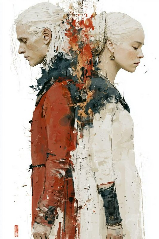 Painterly fantasy portrait of platinum-haired royal couple standing back to back, connected by ab...