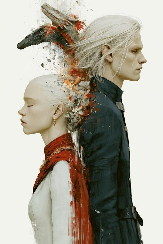 Fantasy illustration of platinum-haired Targaryen royals back to back, twin dragon heads emerging...