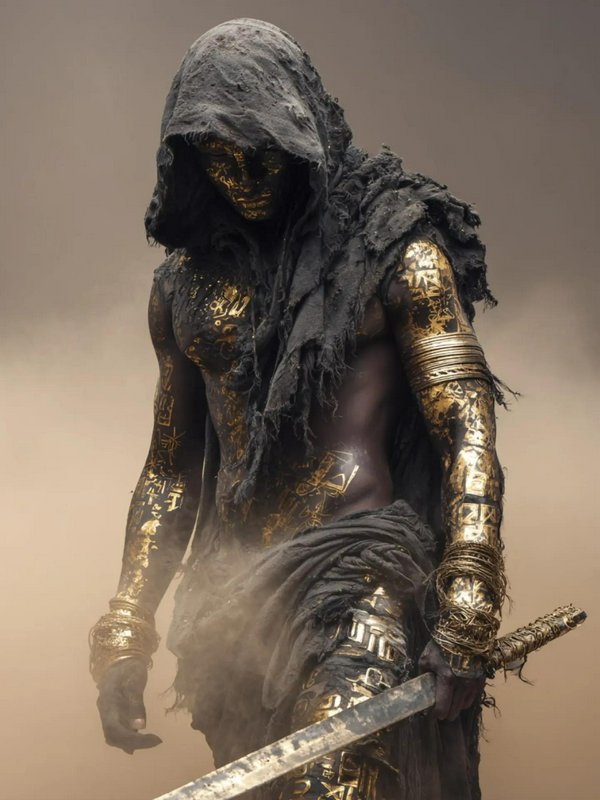 Hooded dark fantasy warrior with glowing gold hieroglyph markings stands in desert dust holding a...