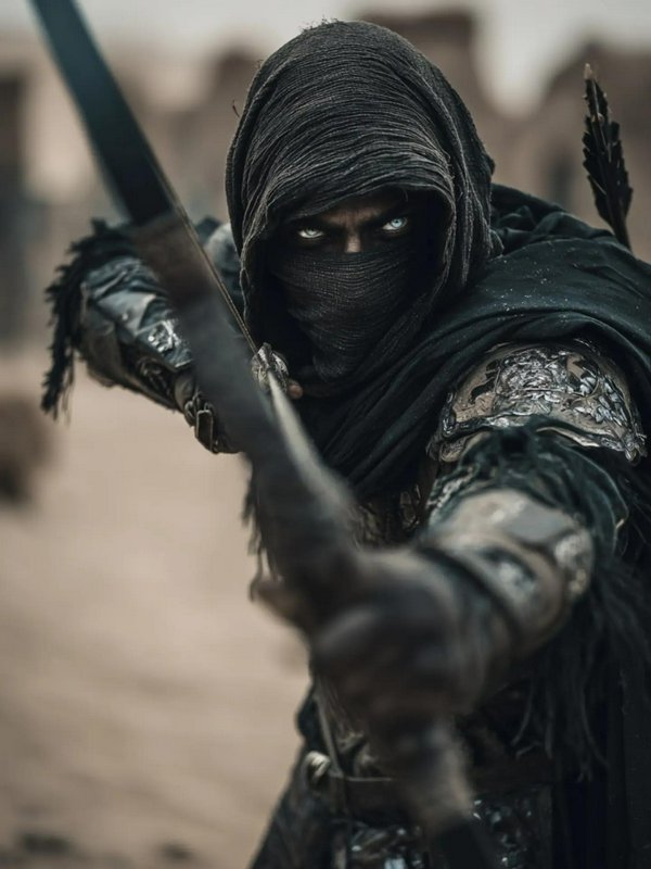 Masked hooded desert assassin with glowing eyes aims a drawn bow directly at the viewer, blurred ...