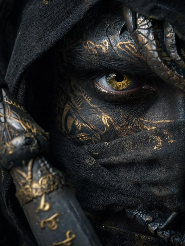 Close-up of hooded dark fantasy figure with gold patterned skin, piercing golden eye, and ornate ...
