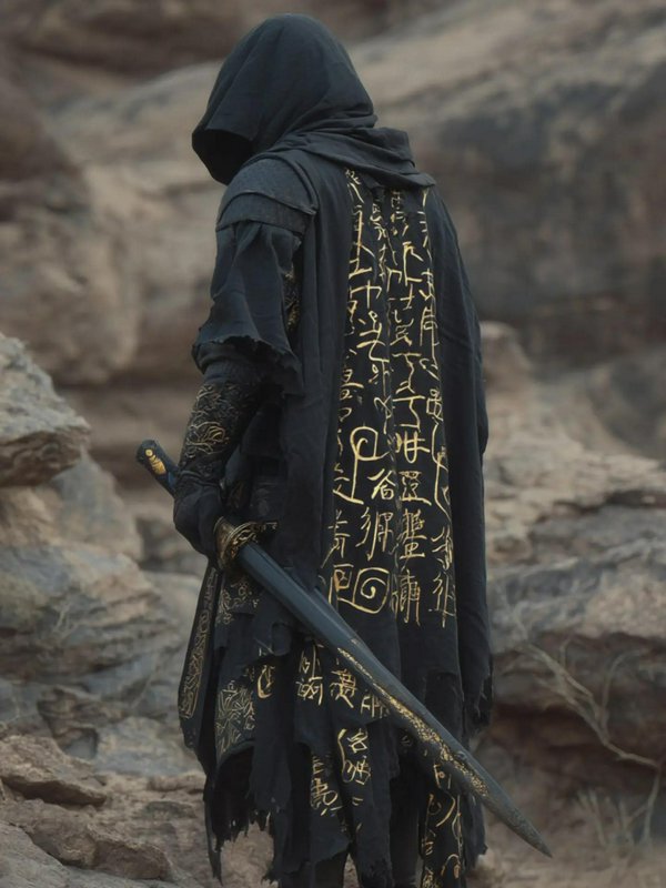 Rear view of hooded dark fantasy warrior in gold rune embroidered black robes holding a sword in ...