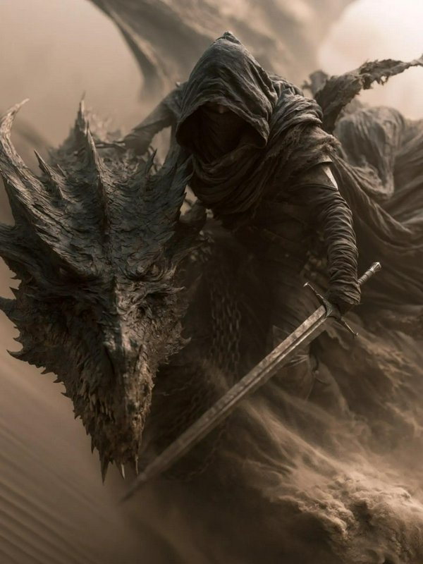 Shadowy hooded warrior wielding a longsword rides a jagged spiked dragon through swirling sandy w...