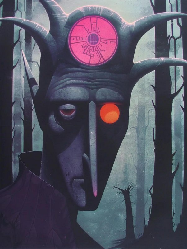 Stylized horned dark fantasy entity with a glowing rune forehead emblem looms in a misty barren f...
