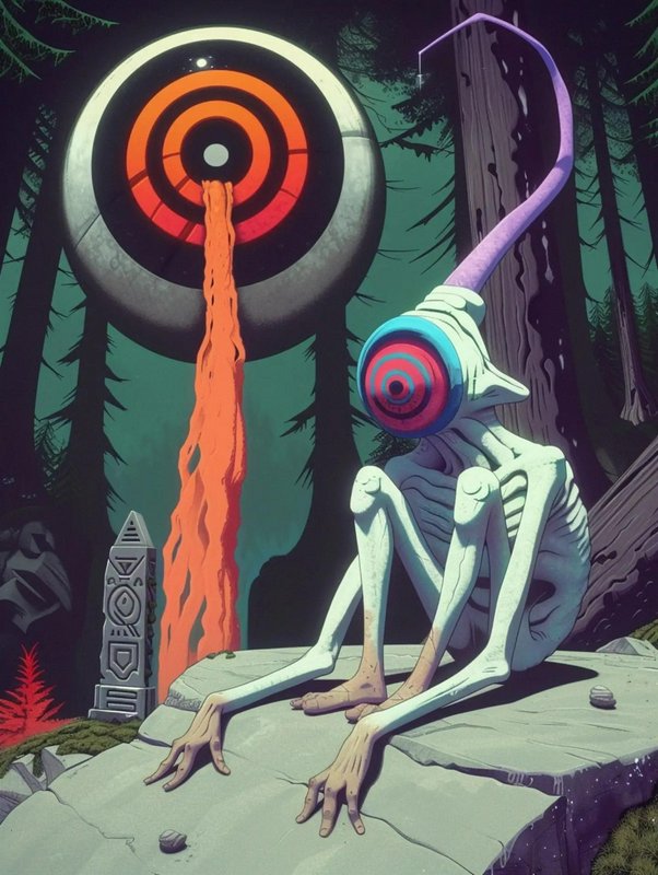 Surreal weirdcore illustration of a one-eyed skeletal creature beside a giant eyeball oozing oran...