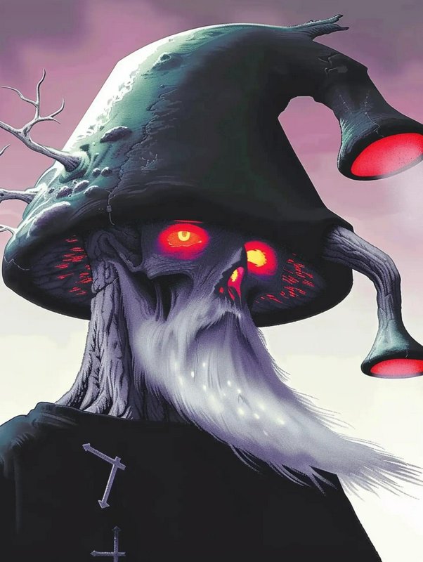 Eerie dark fantasy mushroom wizard with glowing red eyes, twisted gnarled hat, long pale beard, a...