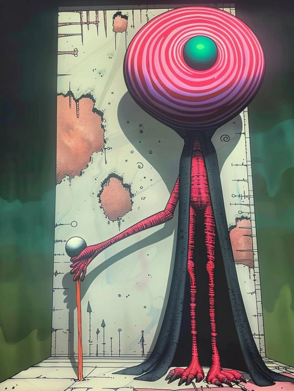 Surreal tall one-eyed humanoid creature with swirling pink head holds a staff in a crumbling ston...