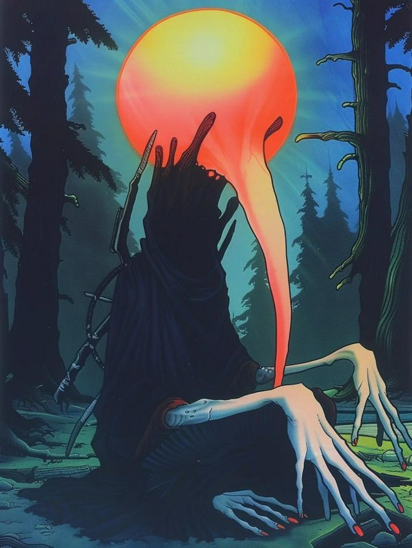Surreal hooded dark entity with elongated clawed hands sits in a misty pine forest, as a glowing ...
