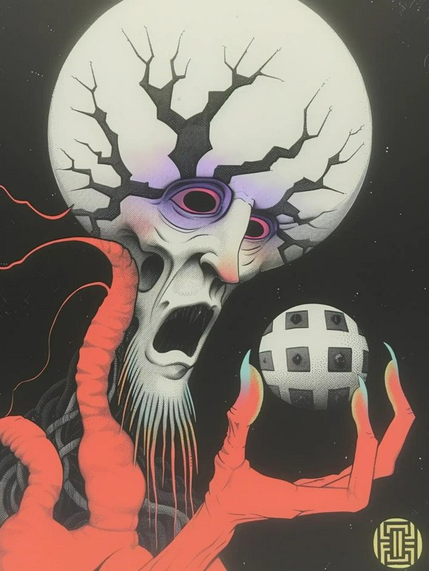 Surreal horror illustration of a cracked tree-patterned skull entity holding a geometric orb agai...