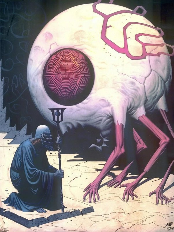 Surreal horror illustration of a kneeling robed cultist facing a giant multi-legged eyeball cosmi...