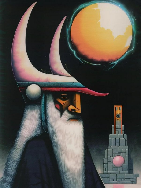 Surreal portrait of a bearded wizard with crescent horn hat beside a stone tower under a glowing ...