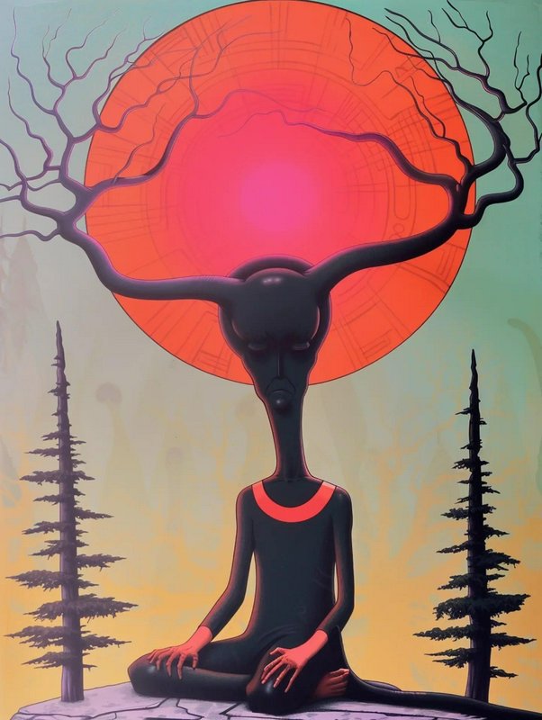 Surreal dark humanoid figure meditates cross-legged, with twisted tree branches growing from its ...