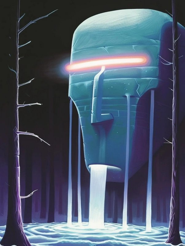 Surreal giant Moai-style stone head with glowing neon visor, waterfalls pouring into a dark icy n...
